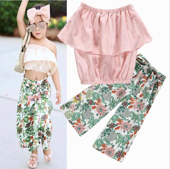 Summer new children's clothing European and American girls pink tube top shirt floral trousers suit