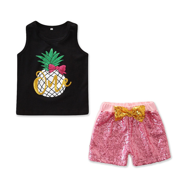 2019 new children's clothes Korean summer suit girls black sleeveless pineapple vest + pink sequin shorts two-piece