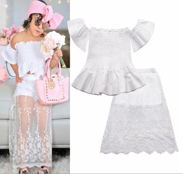 2019 new children's clothes summer European and American girls white tube top flying sleeves shirt + bud silk yarn skirt suit