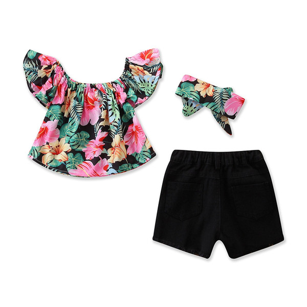 2019 summer new children's clothing European and American style girl floral set word shoulder flower shirt + denim shorts + headwear