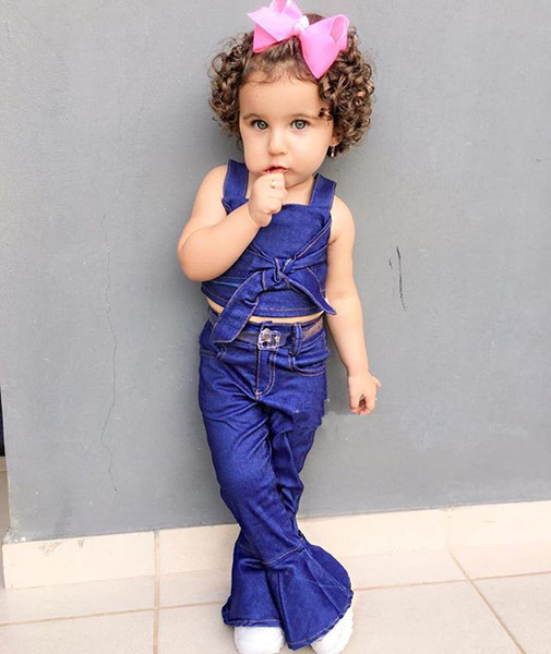 2019 summer new children's clothing girls sling bow tie shirt + bell pants denim suit