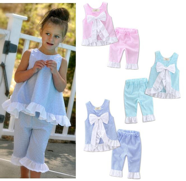 2019 summer new children's clothing European and American style girls sleeveless suit sweet plaid bow ruffled top two-piece