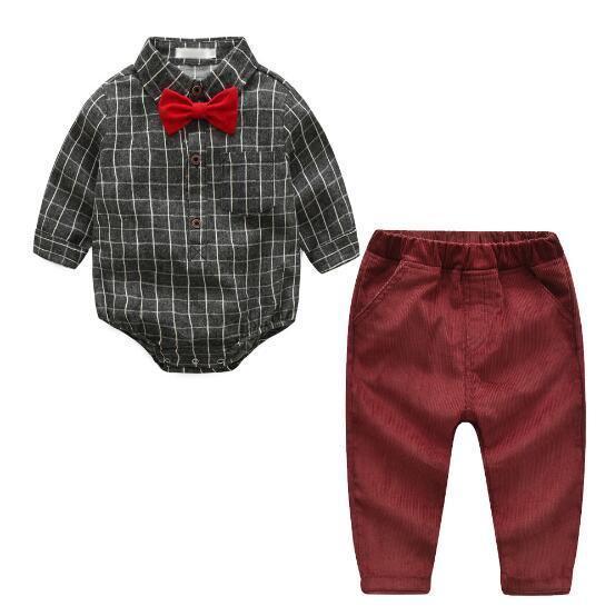 New infant and children's jumpsuit suit Boy's long sleeve plaid bow tie gentleman's trousers two-piece suit