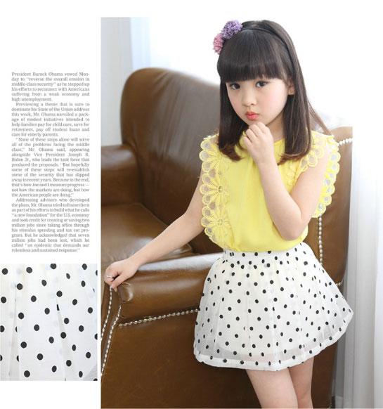 New Girls Lace Top + Sweet Polka Dot Short Skirt Set Girls Summer Short Skirt Two-Piece Set