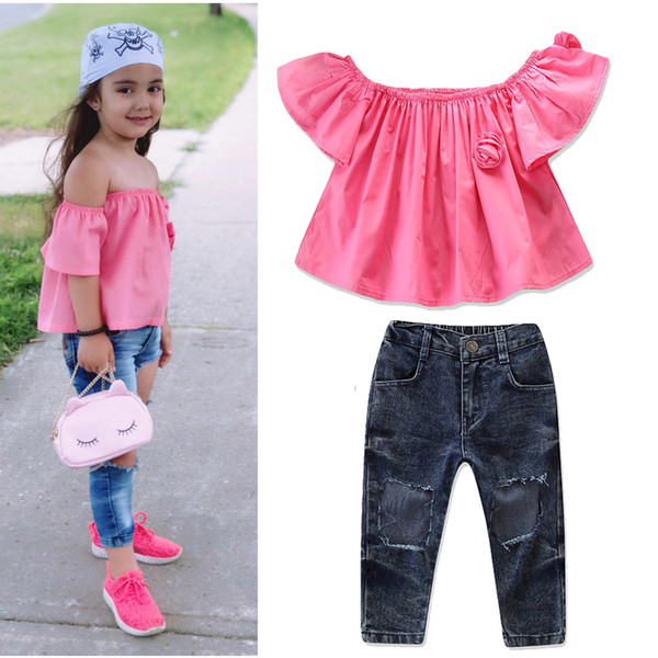 New children's clothing set explosion models fashion trend spring and autumn models girls word shoulder pink short-sleeved shirt + hole jean