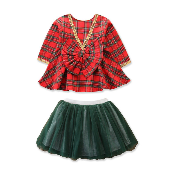 Spring and Autumn New Children's Wear Girls Plaid Cute Long Sleeve V-neck Large Bow Top + Mesh Skirt Set