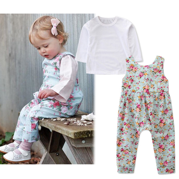 New children's clothing set Europe and the United States fashion autumn trend girls long-sleeved pure white T-shirt + floral pants two-piece