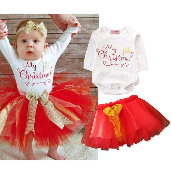 New children's clothing set best selling girls Christmas onesies long-sleeved triangle romper red bow TUTU mesh skirt dress