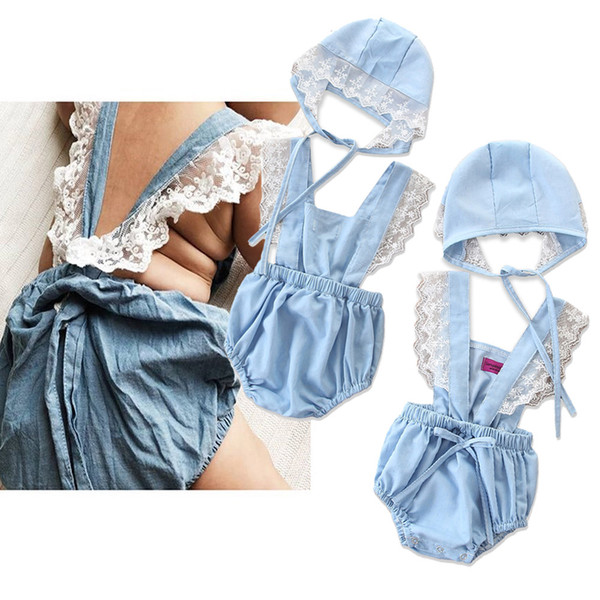 Summer new children's clothing set Europe and the United States girls lace side Siamese triangle clothes + hat two-piece