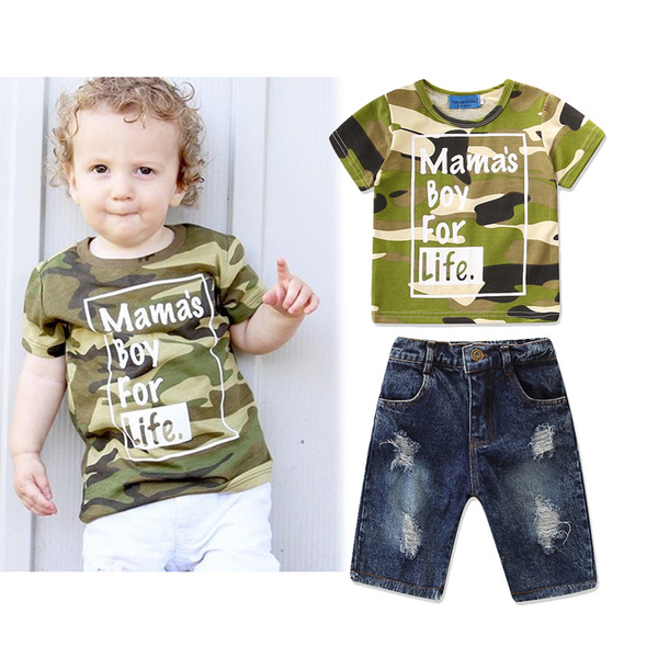 New children's clothing suit boys Europe and the United States Camouflage short-sleeved T-shirt + denim shorts two-piece