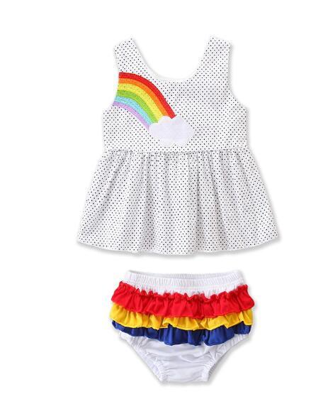 Summer new children's clothing girls embroidery rainbow wave point sleeveless shirt + rainbow lace triangle shorts two-piece