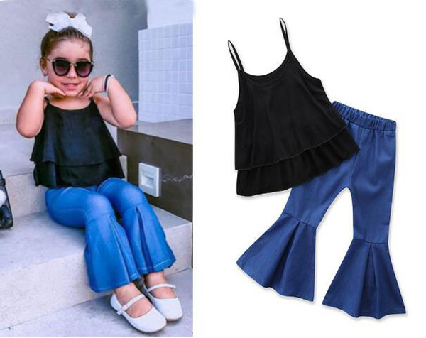 2019 summer fashion new children's wear suit girls black sleeveless halter shirt + blue bell pants two sets