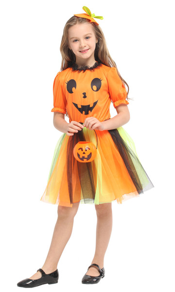 Shanghai Story Girl's Halloween Ghost Print Dress With Headwear Pumpkin Costume