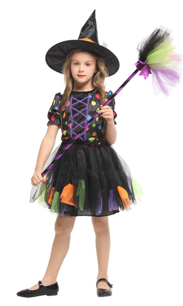 Shanghai Story Halloween Girls Witch Cosplay Colorful Dot Print Witch Costume