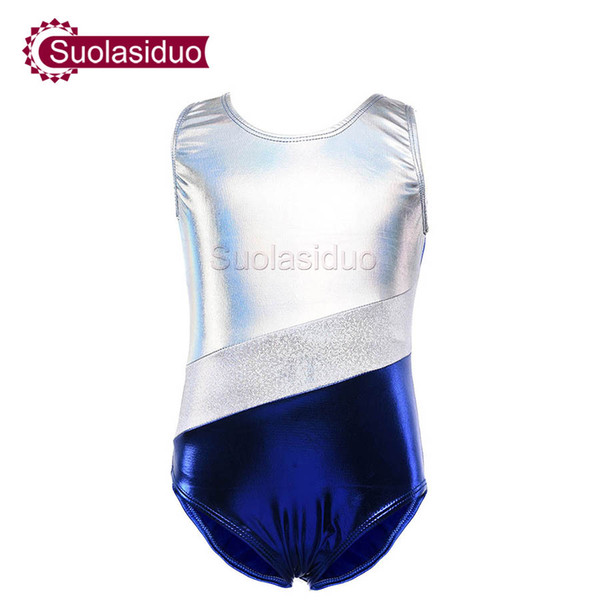 Girls Blue One-piece Leotards Children Purple Shiny Metallic Sleeveless Gymnastics Spandex Leotard Kids Bodysuit Ballet Dance Costumes