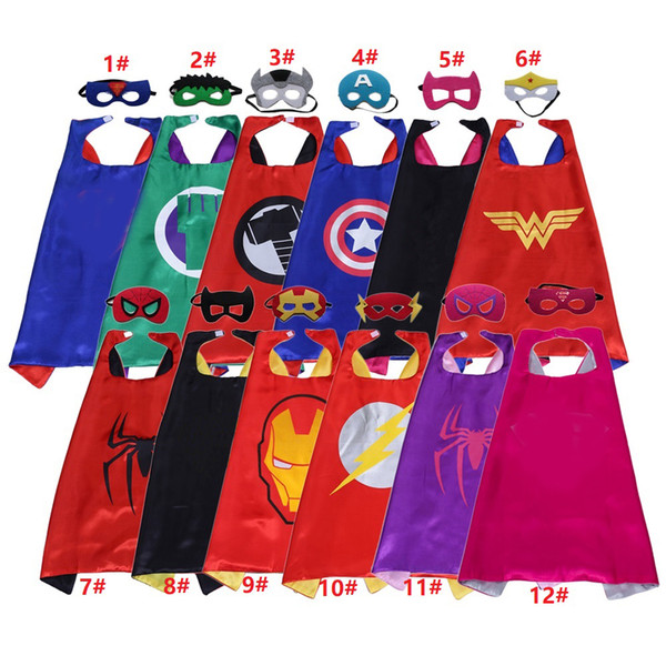 12 styles double-sided Superhero Cape and mask set 70*70CM kids holiday Superhero cosplay costume Halloween satin cape felt mask for Kids