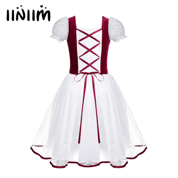 Iiniim Kids Girls Professional Tutu Velvet Mesh Lacework Short Bubble Sleeves Ballet Dance Gymnastics Leotard Dress Q190604