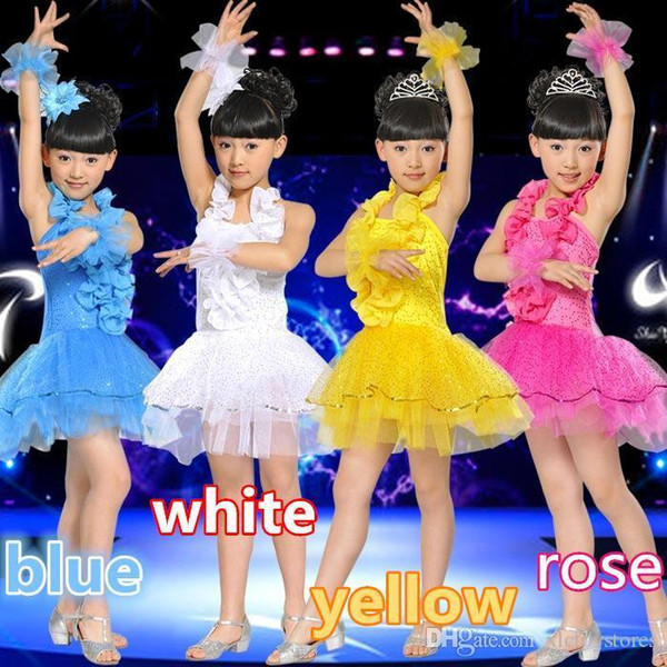 New Latin Dance Dress Children Performance Clothing Girls Tutu Skirt Costumes Dance Wear 4 color Free Shipping