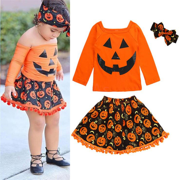 halloween costumes kids clothing sets 2-6T Baby Girls T-shirt+skirt+headwear three-piece halloween party cosplay clothing wholesale FSS357