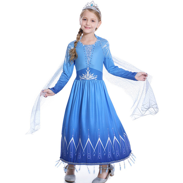 Princess Dresses Girls Dresses Blue Long Sleeves Christmas Halloween Cosplay Costume Dressing Gowns for Birthday Party Vestidos