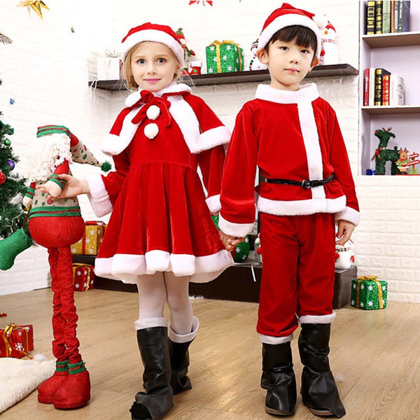 New Children's Christmas Costumes Cosplay Special Occasions Plush Kids Bags Santa Claus Clothes Suit Girls Dress Cloak Boys Pants Hats Sets