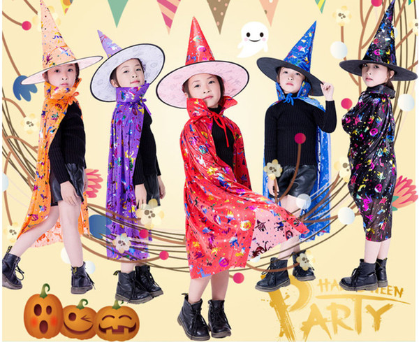 Halloween Robe Cloak Black Wizard Hat Cape Cosplay Costume Kids Robe Cloak Bat Pumpkin Skull Printed Robe Cloaks