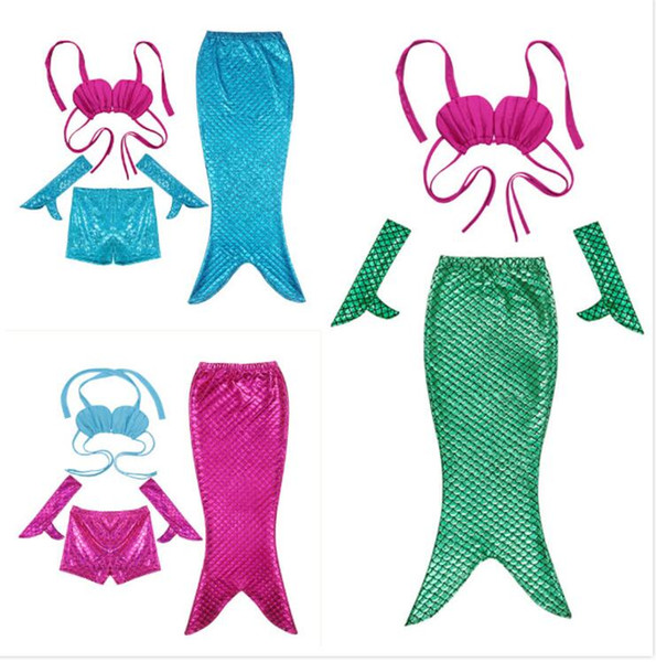 3-12Y Baby Girls Lovely Mermaid Tail Swimsuit Short Gloves 3 Pcs Cosplay Mermaid Cosplay Bikini Costume Beaching Suit Swimwear