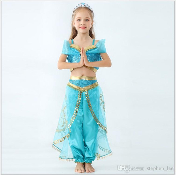 2019 New Girls Aladdin Lamp Jasmine Princess Cosplay Costume Children Clothing Sets Kids Outfits Girl Suit Dancing Clothes