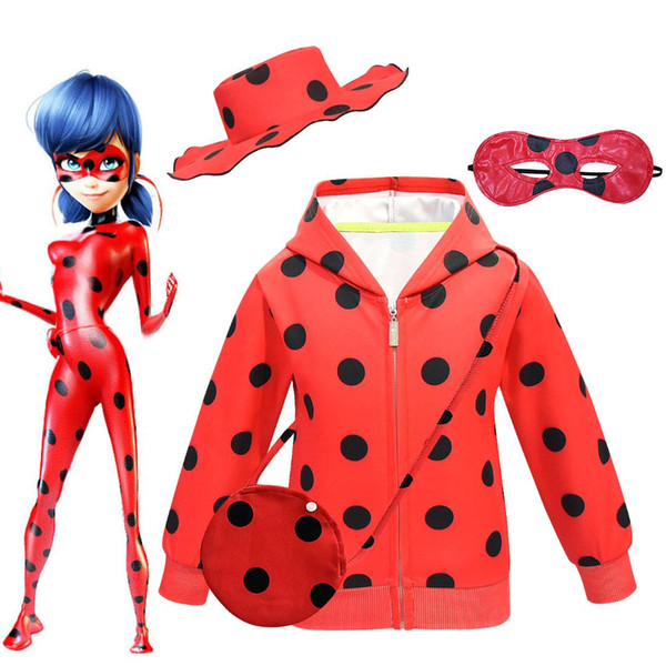 4pcs set Ladybug Big Girl Zipper shirt Clothes Cartoon Children Stage Role Eye Mask Hat bag set Dress Up Halloween Cosplay Costumes