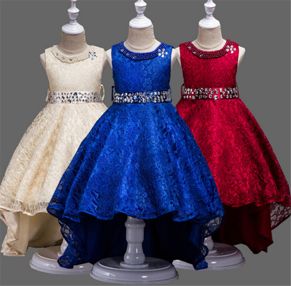 Girls Elegant Lace Flower Girl Dress Princess Party Ball Gown Sleeveless Bridesmaid Wedding Sequins Dress Bow Long Tail Dance Dress