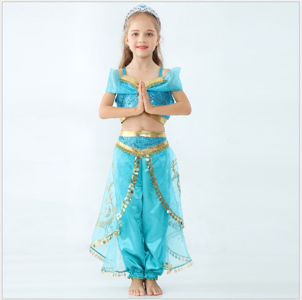 2019 New Girls Aladdin Lamp Jasmine Princess Cosplay Costume Children Clothing Sets Kids Outfits Girl Suit Dancing Clothes