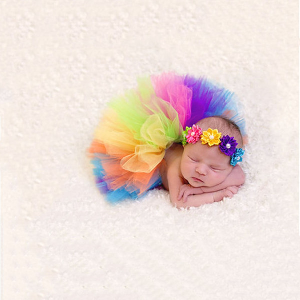 Colorful Rainbow Colors Cute New Born Costume Outfit Newborn Baby Photography Props Sweet Photo Props Skirt Flower Headband