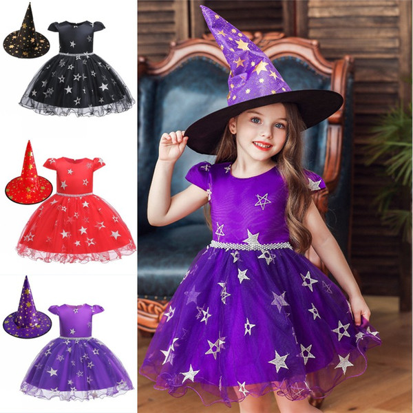 Kids Star Mesh Skirt Princess Dress Halloween Cosplay Witch Performance Clothing with Witch Hat Kids Halloween Cosplay Costume