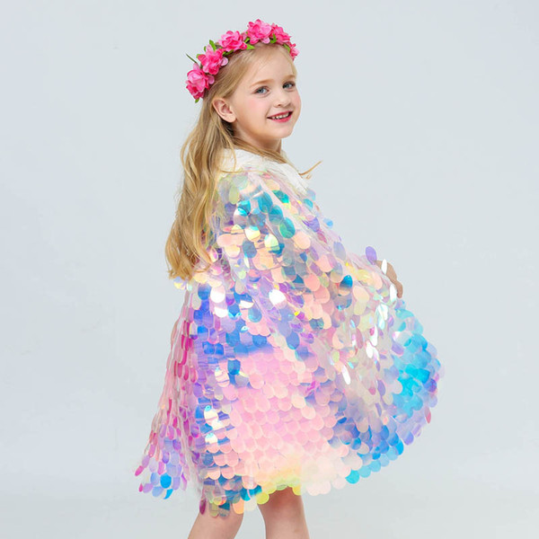 2019 Mermaid Cape Glittering Baby Girls Princess Cloak Colorful Sequins Boutique New Halloween Party Cape Costume cosplay props C52