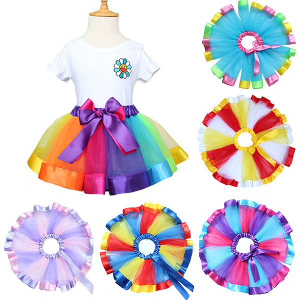 DHL Girls Mixed Rainbow Color Satin Trimed Gauze Ballet Dance Petticoat Kids Tutu Skirts Baby Ribbon Birthday Party Halloween Costume E1125