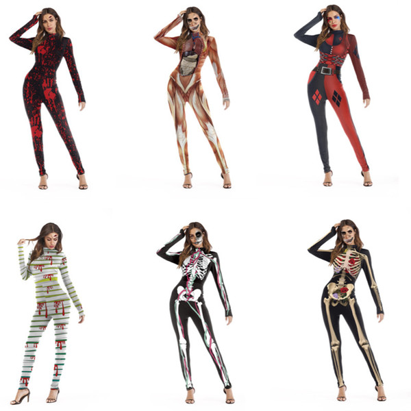 Hallowmas Printed bodysuits Crystal Skeleton Print Rompers Skinny Women Bodycon Gothic Bodysuit Long Sleeve 3D Skull Bone Jumpsuits