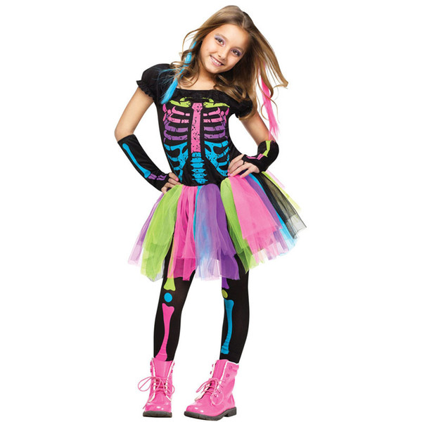 Children's Halloween Skeleton beauty performance dress children rainbow skeleton skirt seven color children's dress