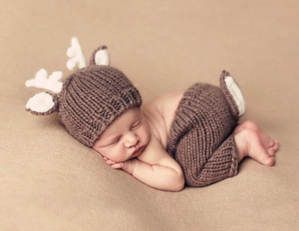 2pcs/set Creative mother children's photography clothing cartoon Christmas deer costume new cotton knit 2 piece set deer hat + pants