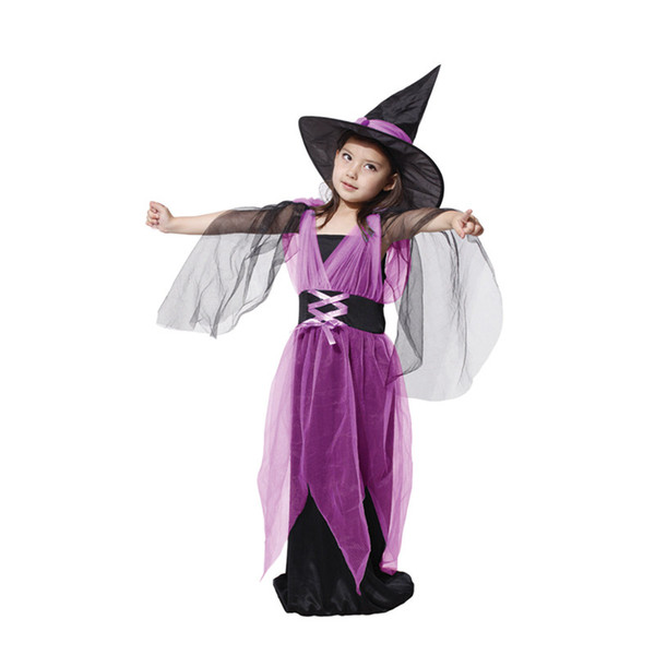 Shanghai Story Kids Halloween kids costumes + hat for girls hardcover children suit gauze carnival cap witch clothes