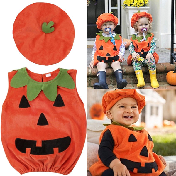 Sleeveless Real Costumes Cosplay Romper Baby Clothes 0-3y Tops+hats Halloween New 2pcs Pumpkin Kid Jumpsuits Brand Toddler HY0113