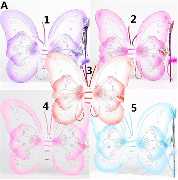 Children Girls Butterfly cosplay props 3pcs sets Wings hairband Fairy stick Kids Holloween Christmas Festivals Costume Ball Angel Party B11