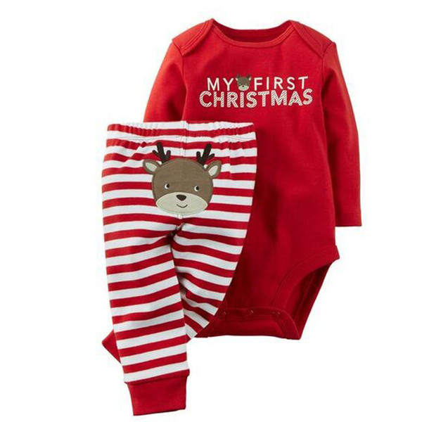 New Baby Cartoon red elk Christmas outfit Unisex long sleeve rompers +stripe leggings Infant Letter Print Bodysuits Size70-95