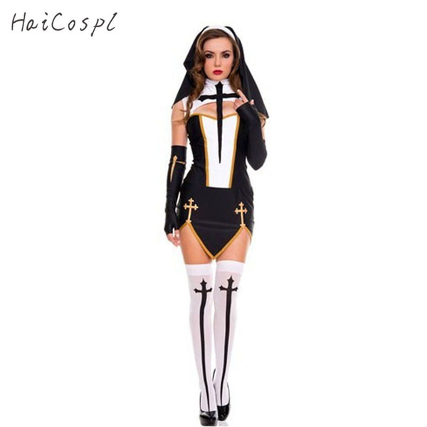 Sexy Nun Costume Adult Women Cosplay With Stockings Black Hoodie For Halloween Sister Cosplay Party Costume