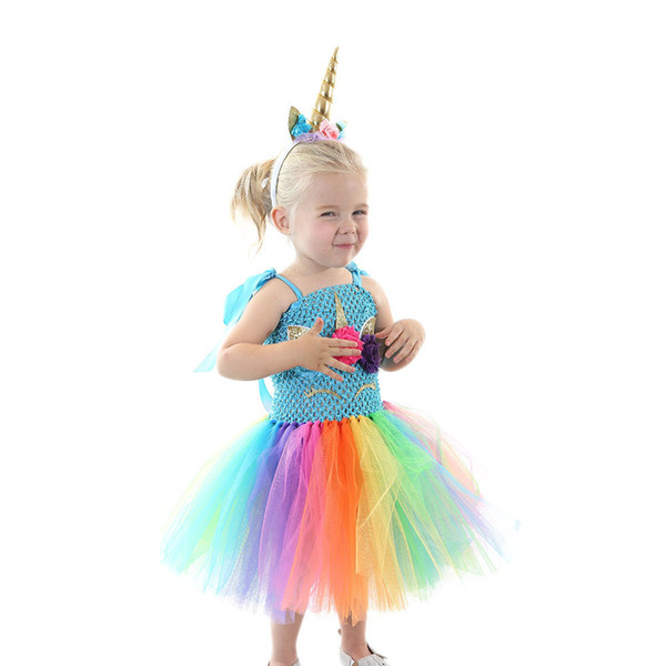 2019 INS Baby Girls Rainbow Skirt Children Colorful Princess Dresses Kids Cartoon Bubble Skirt Cosplay Prom Dress+Unicorn Hair Clasp New