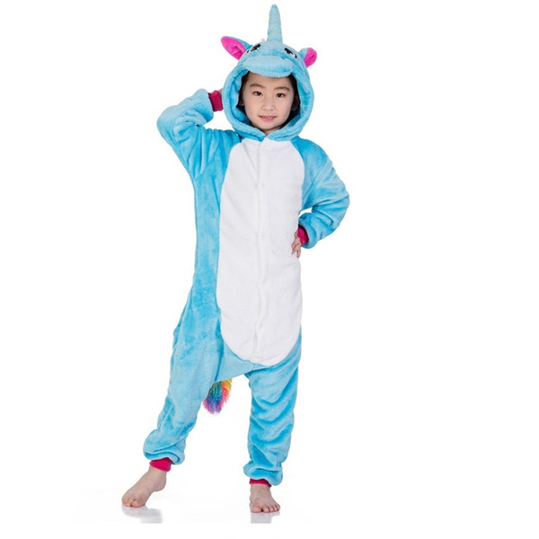 Girls Boys Winter Kigurumi Pajamas blue Unicorn Cartoon Anime Animal Onesies Sleepwear Fleece Warm Jumpsuit MX-043