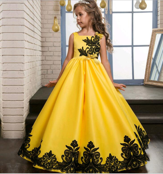 Embroidery Black Lace Prom Dresses for Kids A-line Yellow Satin Special Accastion Dresses for Big Girls Weddings 6-15 Years