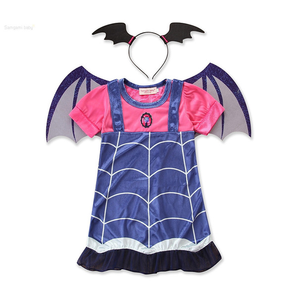 new Girls Holloween cosplay dresses Removable bat wings velvet striped short sleeve kids skirt 5 sizes for 3-7T party