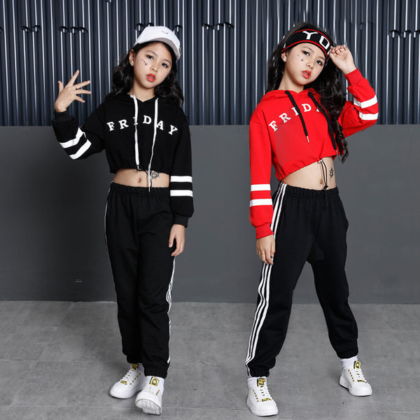 Girls Street Dance Clothing Kids Black Red Letter Crop Hoodie Top With Long Sleeves Pant Teenage Clothes Set For Girls