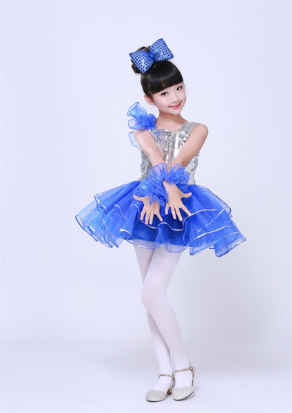 Free ship children girls silver sequined royal blue tutu latin dance dress luxury dance fairy stage performance dress