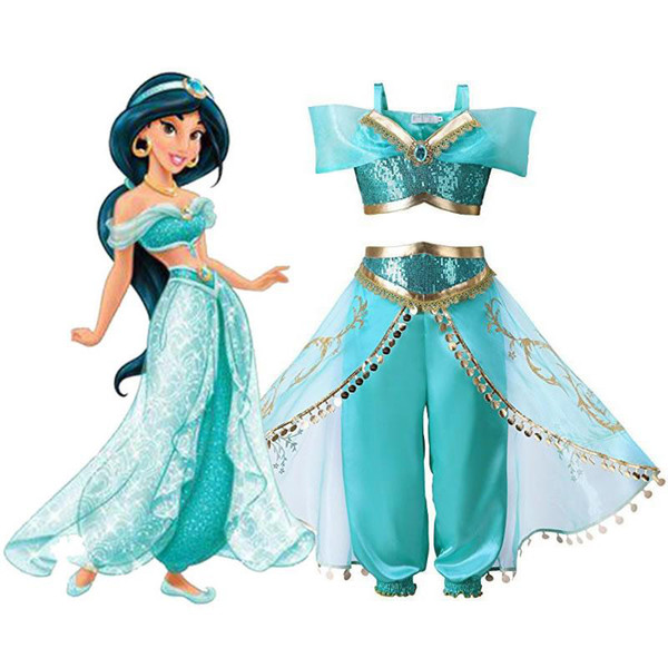 Halloween Arabian Fancy Dress up for Girls Sleeveless Sequined Jasmine Cosplay Princess Costume Kids Halloween 2 Pcs Set Clothes